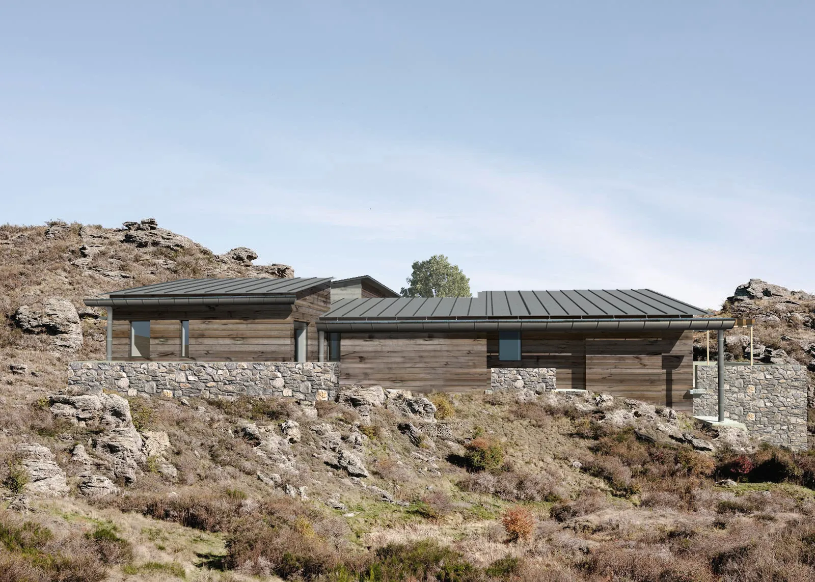 Water collecting roofs on dry land / wooden cottage